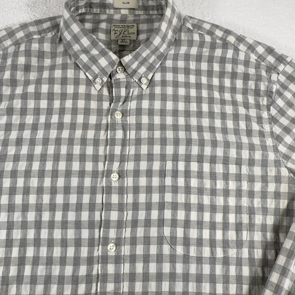 J.Crew Stretch Button Down Shirt Men's XL‎ Slim Untucked Plaid Gray White Cotton